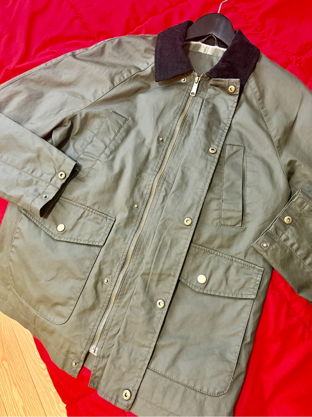 Men's Olive Green Field Jacket with Contrast Collar - Picture 4 of 6